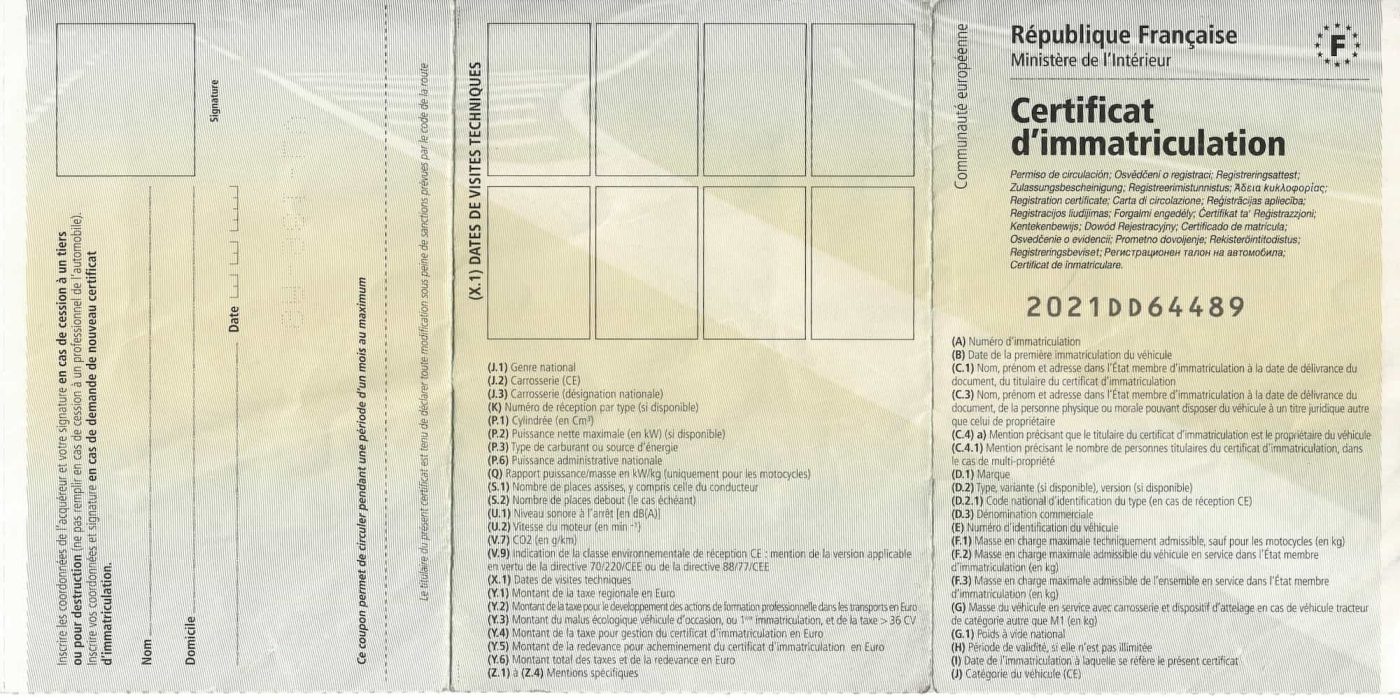 Spécimen de certificat d’immatriculation français, avec les zones A à Y